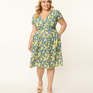 Plus Size Blue & Lemon Print Swing Dress